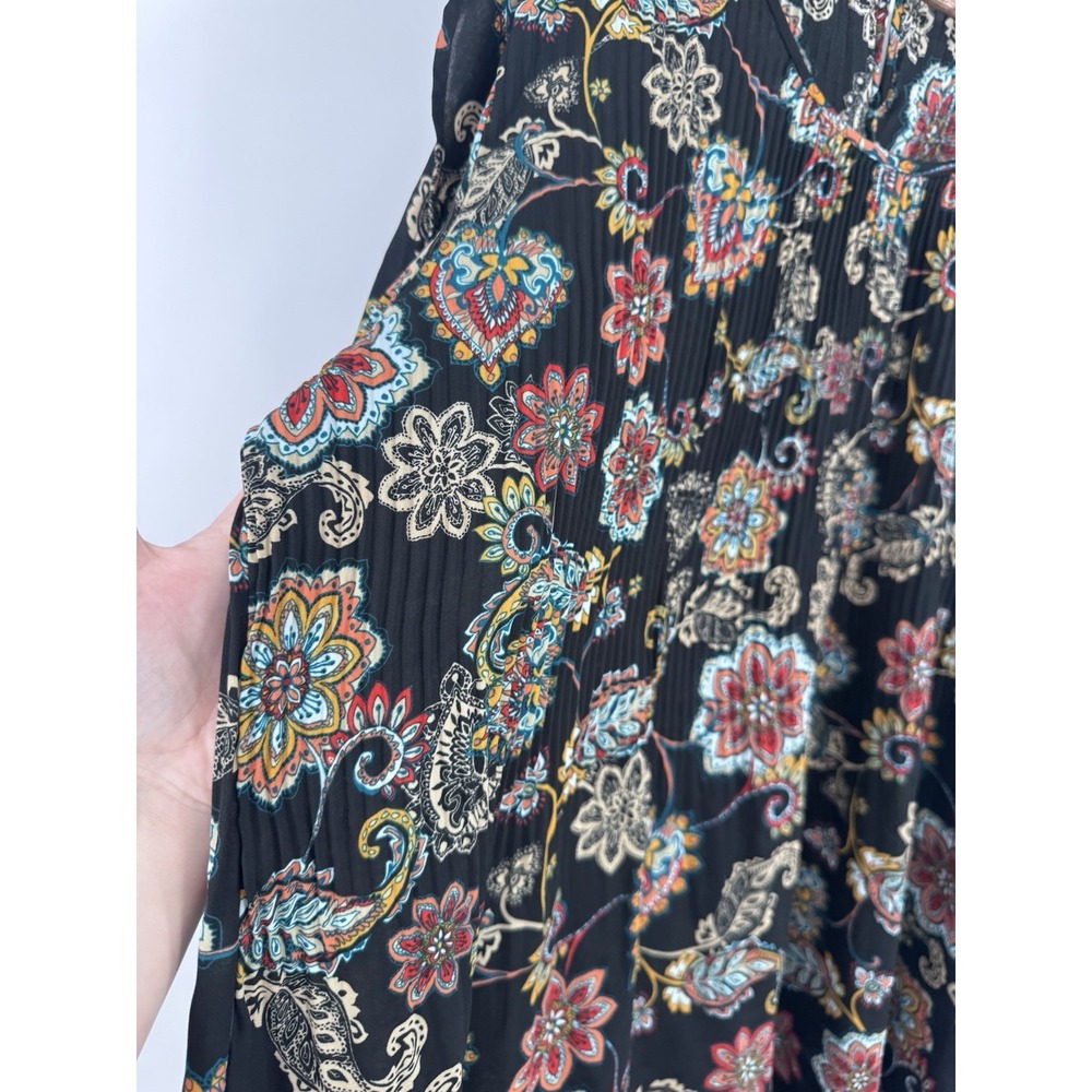 Cato Black Floral crinkle blouse peasant sleeve fall semi-sheer floral paisley - Picture 5 of 10